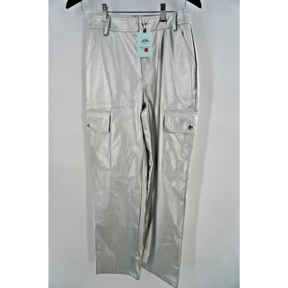 NiMin Silver Faux Leather Cargo Pants High Waisted Straight Leg Metallic NWT SzS